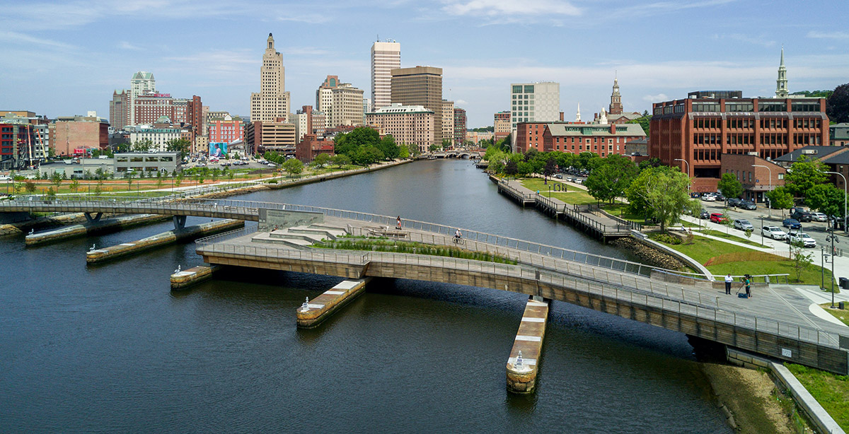 The Michael S. Van Leesten Bridge with the skyline of downtown providence
