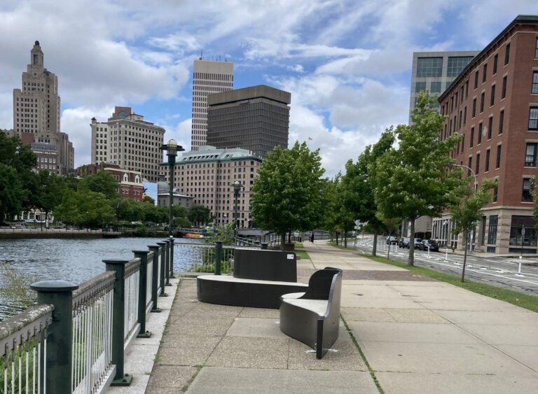 Photo showing seating areas along the Providence River