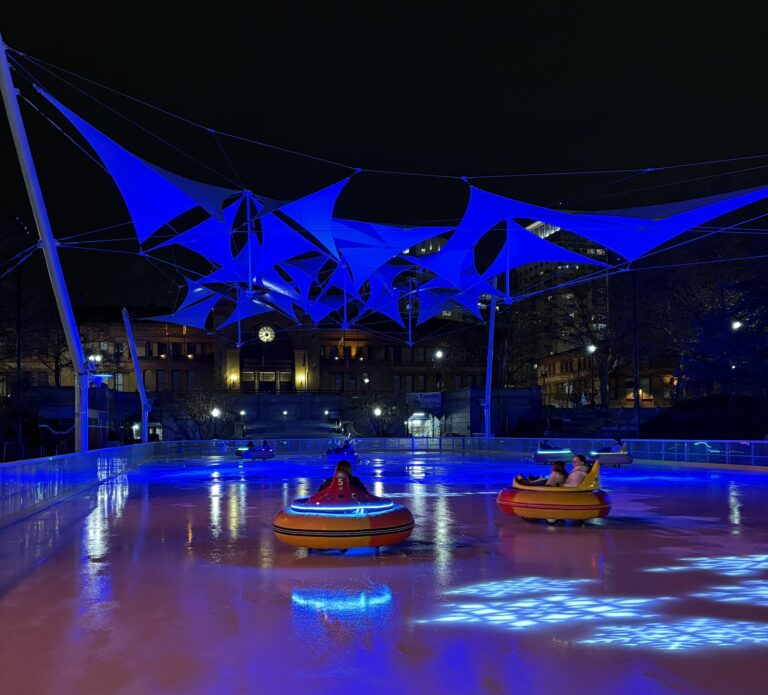 photo showing people using bumper ice cars at the providence skating rink at night
