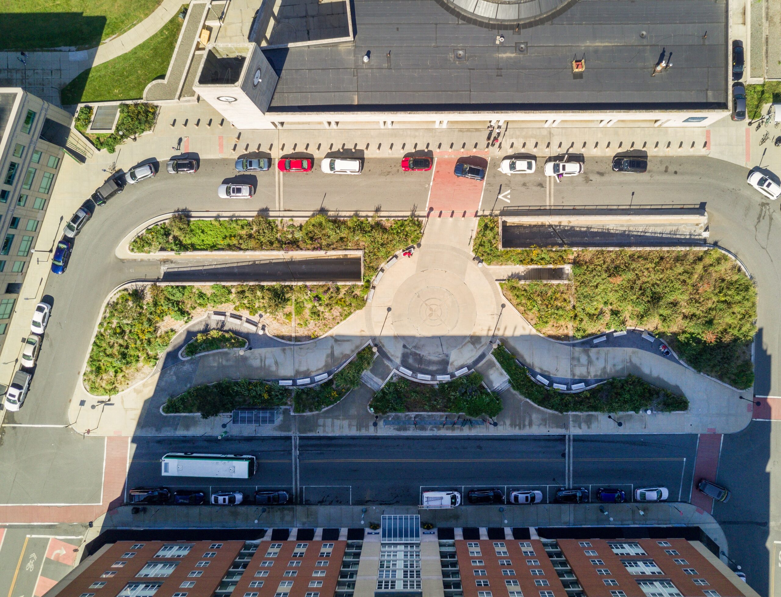 birds eye view photo showing walking paths and streets surrounding a park