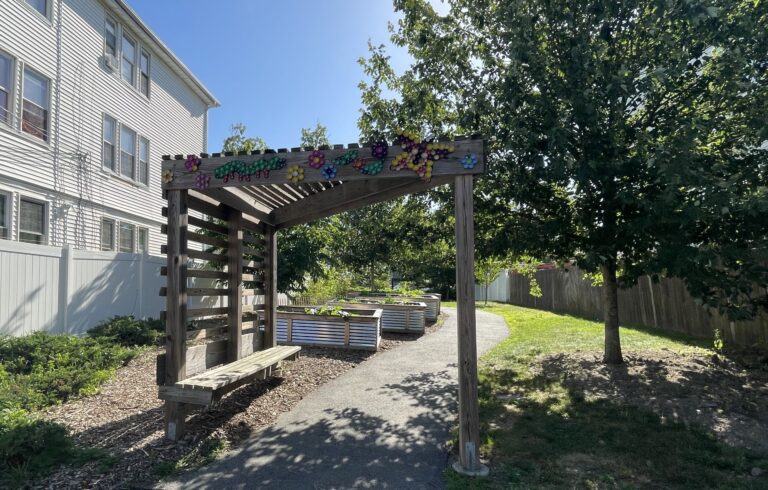 Photo showing walking path and seating areas at the Walking School Bus Path
