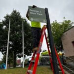 George J West Park new style park entrance sign being installed