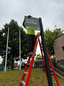 George J West Park new style park entrance sign being installed
