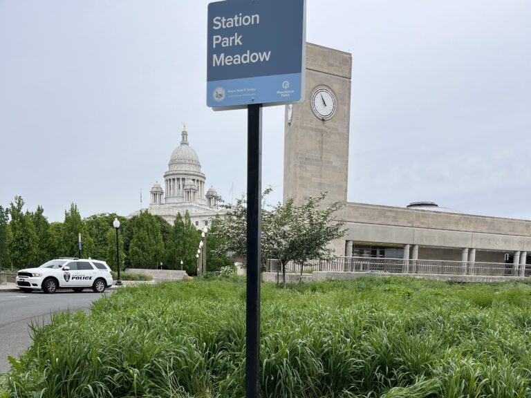 photo showing a sign for station park meadow with the meadow and train station in the background