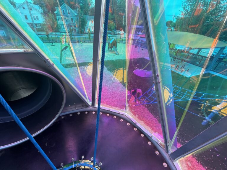 Neutaconkanut playground inside the tower at slide entrance with dichroic panels