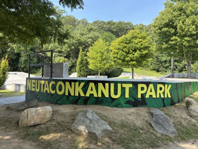 Neutaconkanut skatepark mural of park name on wall 2026
