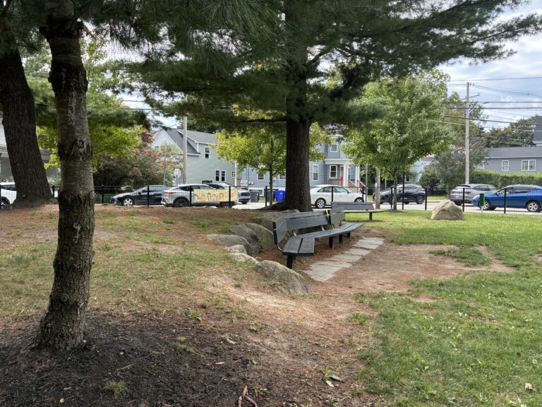 Fargnoli Park seating area at corner of Smith and Jastram Streets