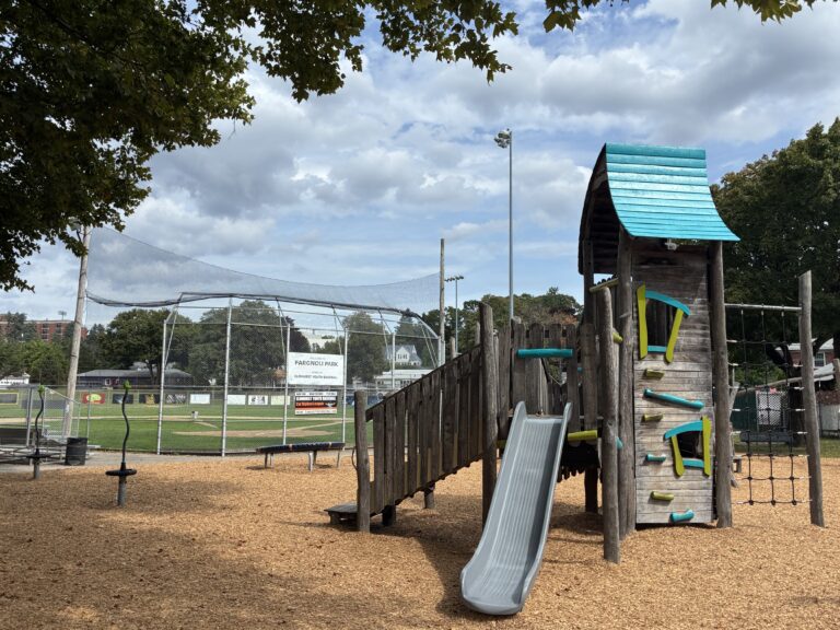Fargnoli Park playground and ballfield with sign on backstop