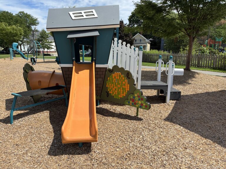 Father Lennon Park playground playhouse with slide for ages 2-5