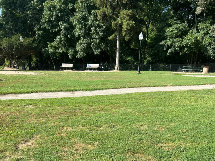 Franciscan Park central grass area with walking path with benches