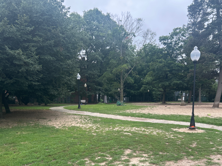Franciscan Park lit walking path with open area for dogs