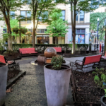 Freeman Park view from inside with Mathewson St downtown decorated