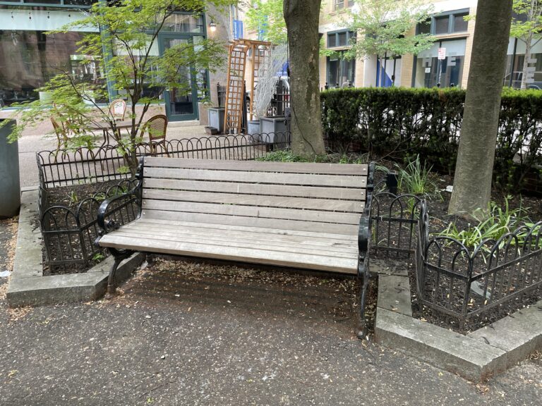 Freeman Park park bench with shade and hardscaping