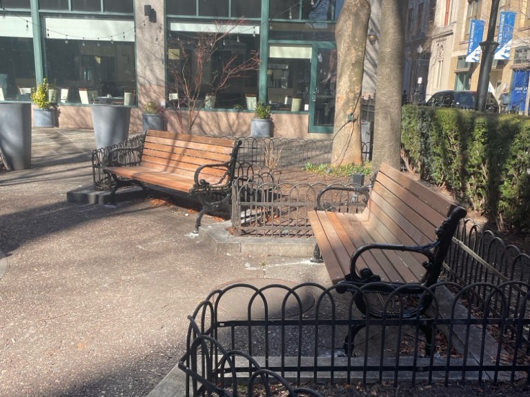 Freeman Park classic wood benches refurbished in 2024