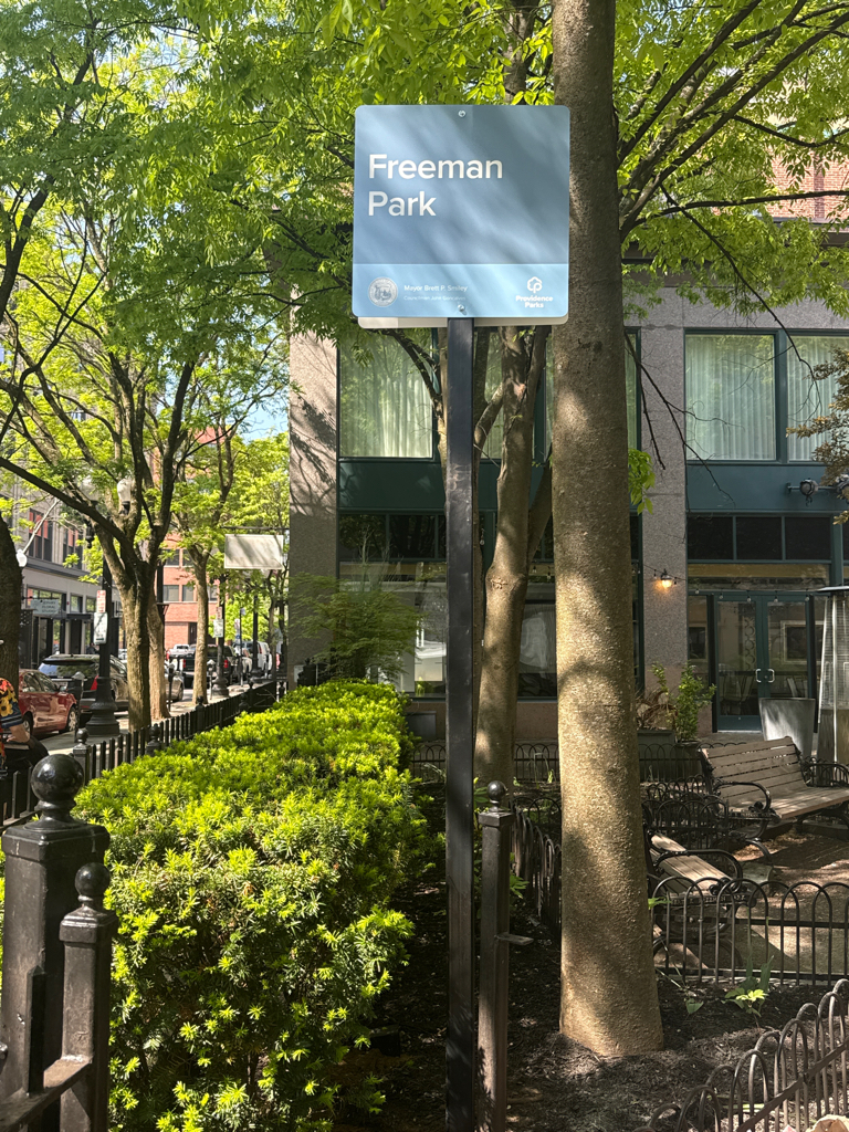 Freeman Park new park entrance sign in blue colorway for Downtown parks 2026