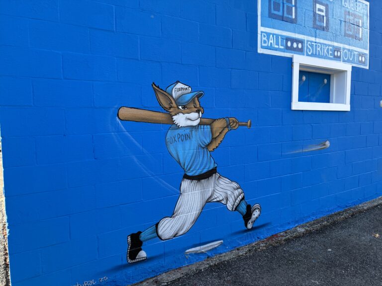 Gano Park Baseball Mascot on Press Box