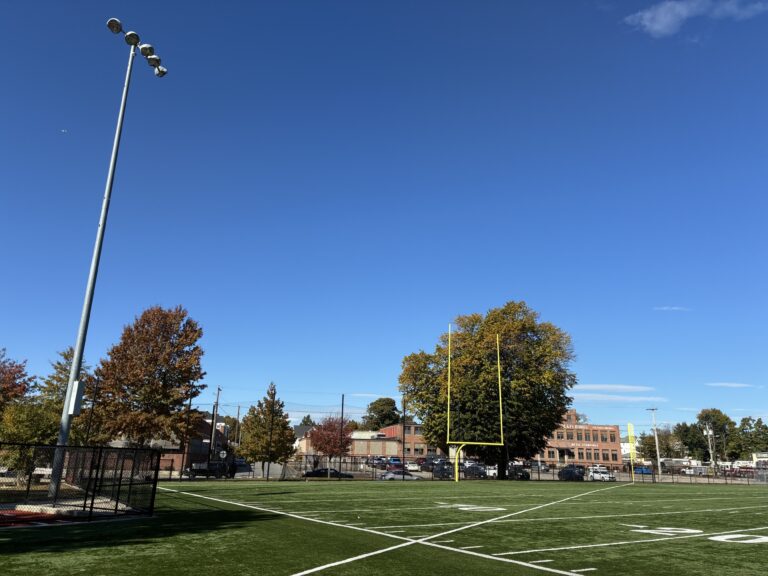 Bucklin Park field lighting and football goal post on Dexter St side
