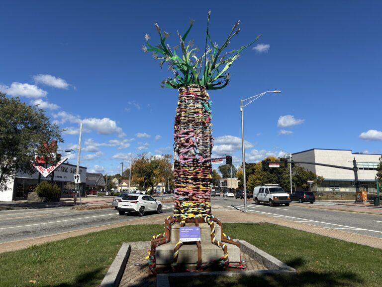 “The Storytelling AncesTree” sculptural installation at Columbus Square facing North