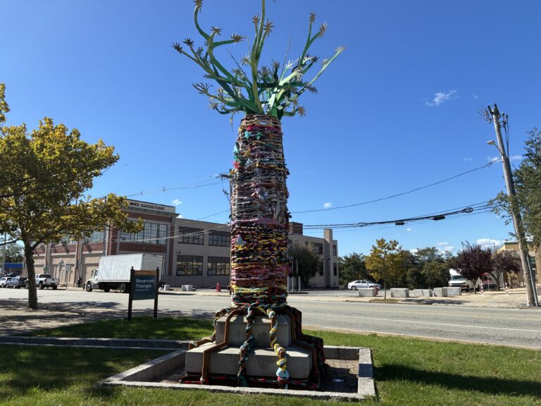 “The Storytelling AncesTree” sculptural installation at Columbus Square facing Reservoir Triangle sign