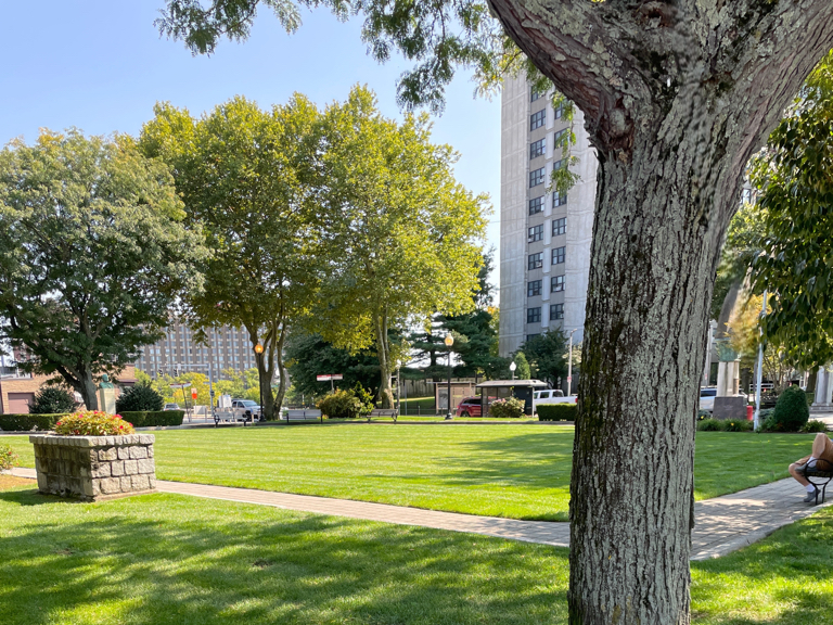Garibaldi Square looking across the main lawn with Dominica Manor in background