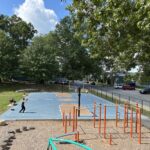 General Street Park view of the basketball and fitness area from high on the playground tower
