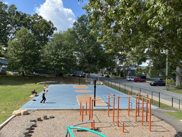 General Street Park view of the basketball and fitness area from high on the playground tower
