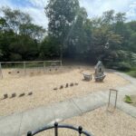 Gladys Potter Park view from play tower of the toddler play area and swings for ages 2-12