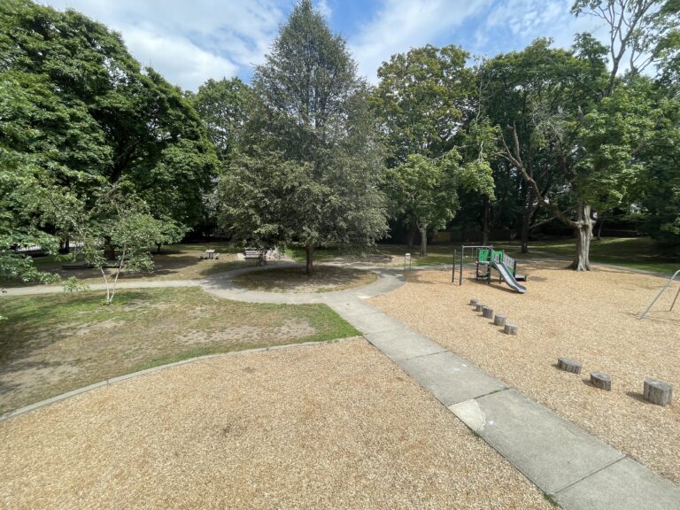 Gladys Potter Park view from play tower of the park's walking path and significant trees