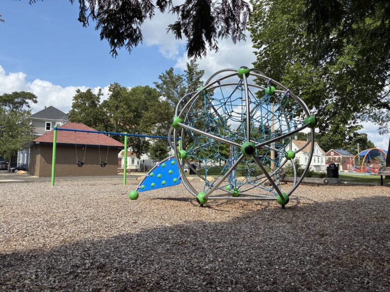 Harriet & Sayles Park play equipment for ages 2-5 with spherical climber and swings