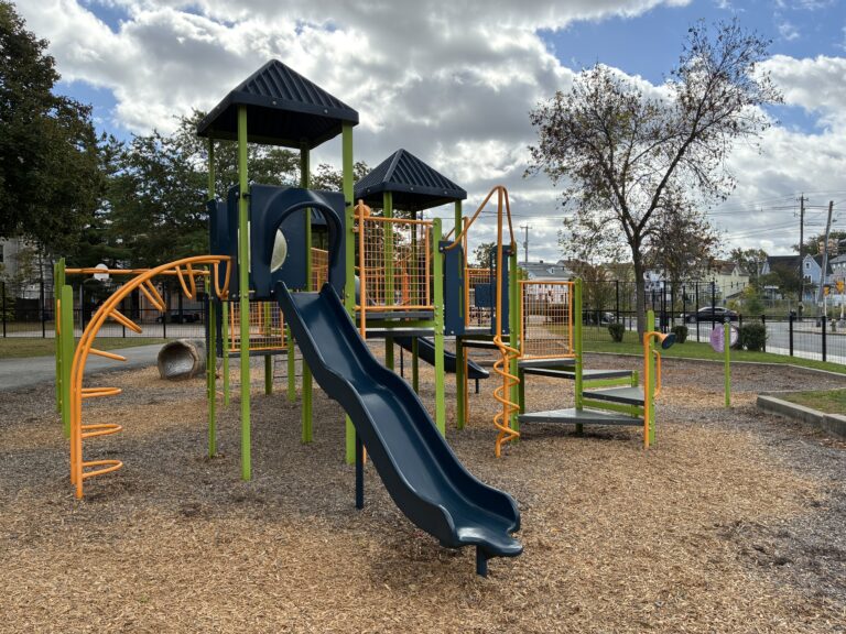 Hassett Park play structure for ages 2-12 features a bumpy slide and various climbers