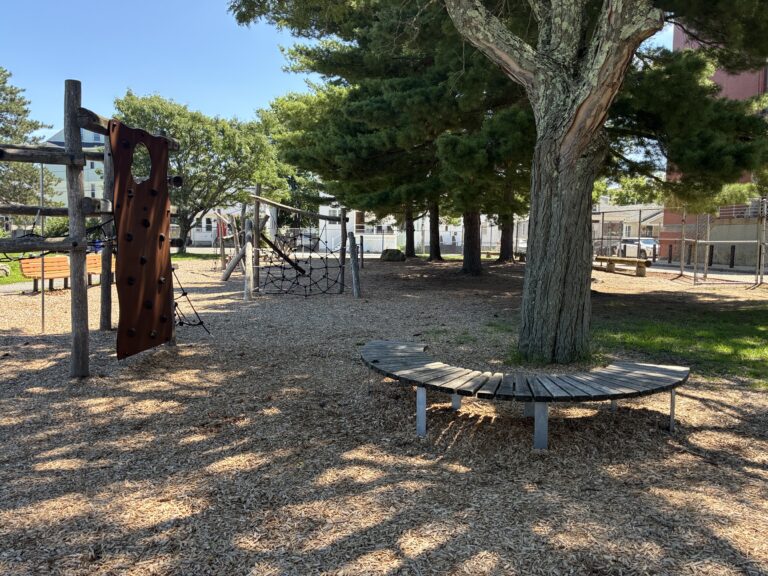 Iola French Park Veazie playground for ages 5-12 features natural materials and ample shade