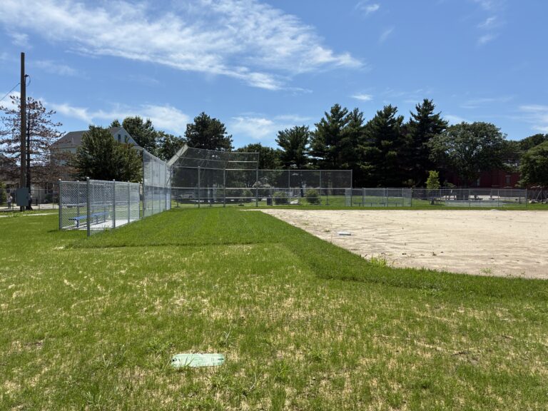 Iola French Park new softball field showing sod installed around the infield skirt with hydroseeding in the outfield