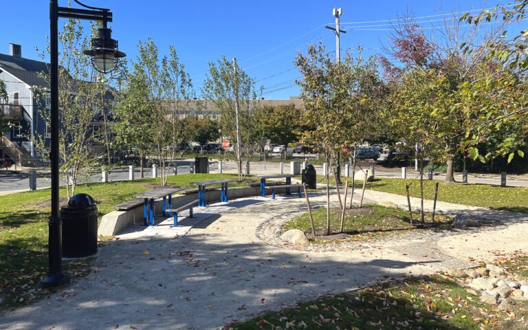 Jacqueline Clements Park picnic area with plantings, ornamental trash barrels, and and pathway lighting
