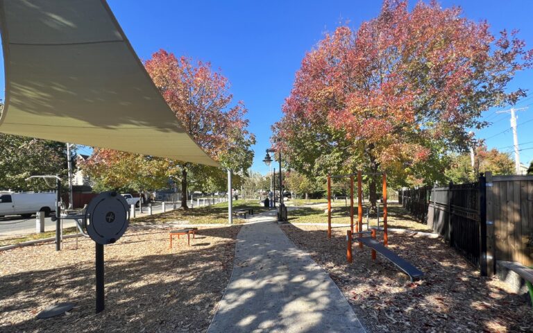 Jacqueline Clements Park walking through the fitness area in Autumn