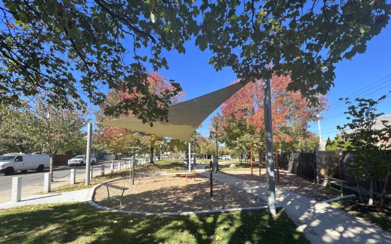 Jacqueline Clements Park fitness area shade sail with and fall color on the trees