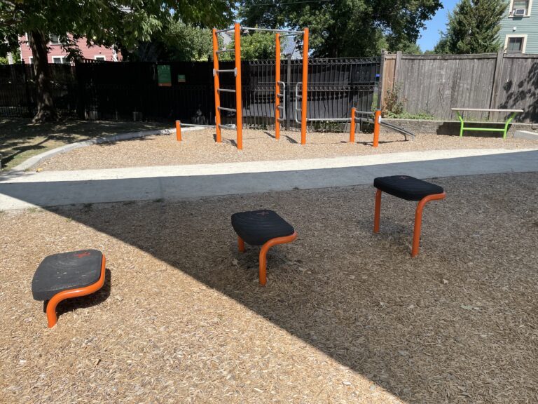 Jacqueline Clements Park fitness steps, street workout equipment, and bench