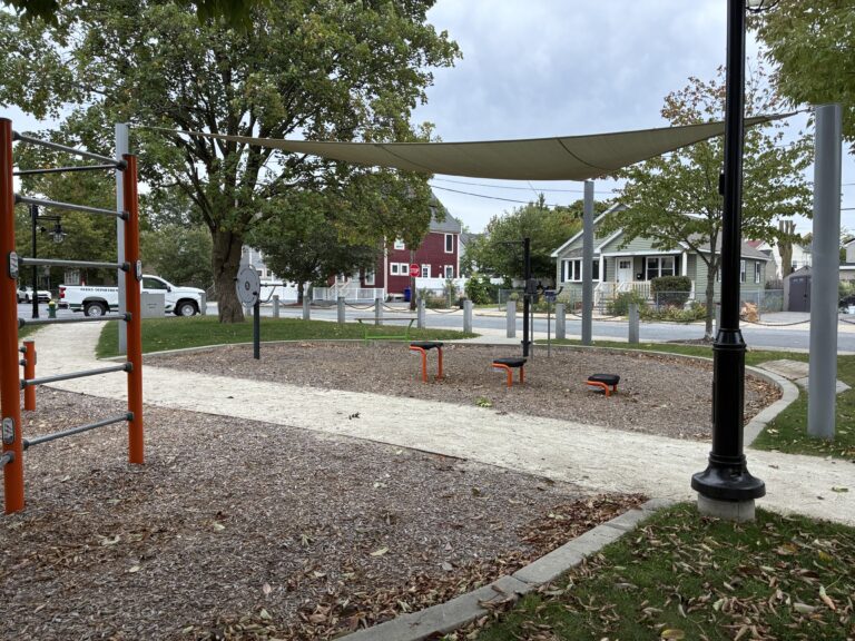 Jacqueline Clements Park fitness area features a shade sail