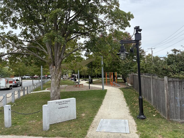 Jacqueline Clements Park "This Neighborhood" east entrance at West Clifford St. The park features lit pathways throughout.