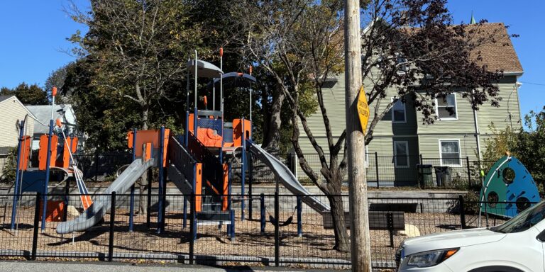 Jennifer Rivera Park view from Niagara St of the play structures for ages 5-12 featuring two slides