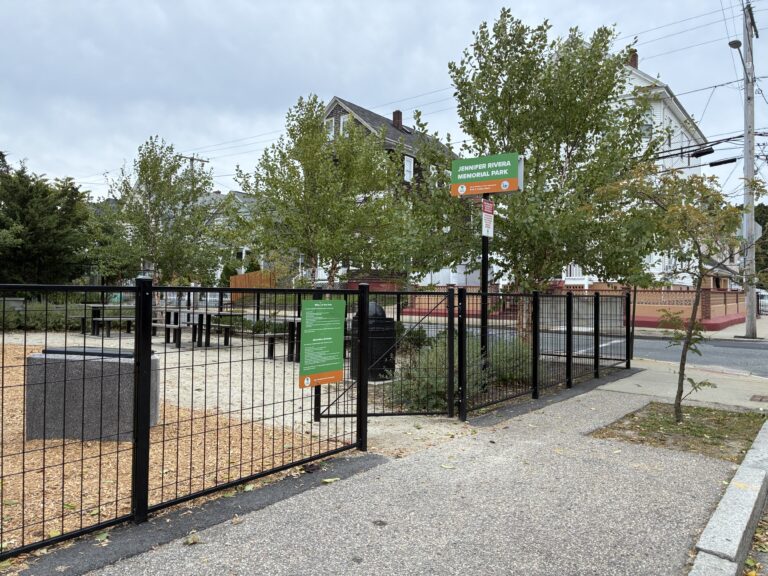 Jennifer Rivera Park entrance on Niagara St at Potters Ave- picnic area is buffered from the street by birch trees