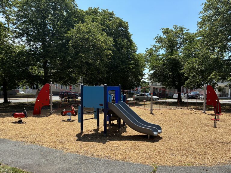 O'Brien Park playground for ages 2-5 with slide, rope climber, spinners, and spring rockers