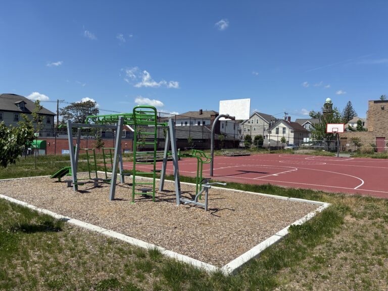 Joslin Park fitness area and basketball court looking towards Manton Ave
