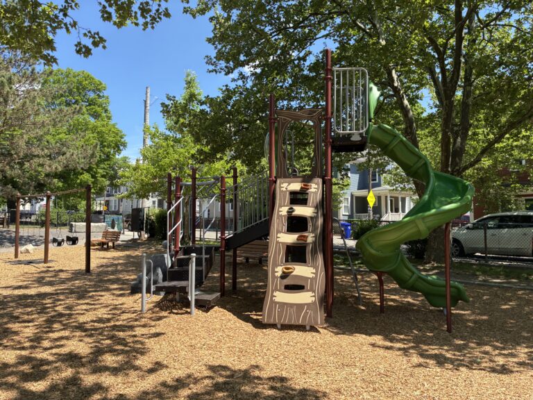Joslin Park playground equipment for ages 5-12 has a natural treehouse theme