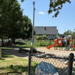 Joslin Park new entrance sign on Florence St and play equipment