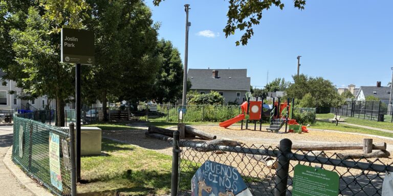 Joslin Park new entrance sign on Florence St and play equipment