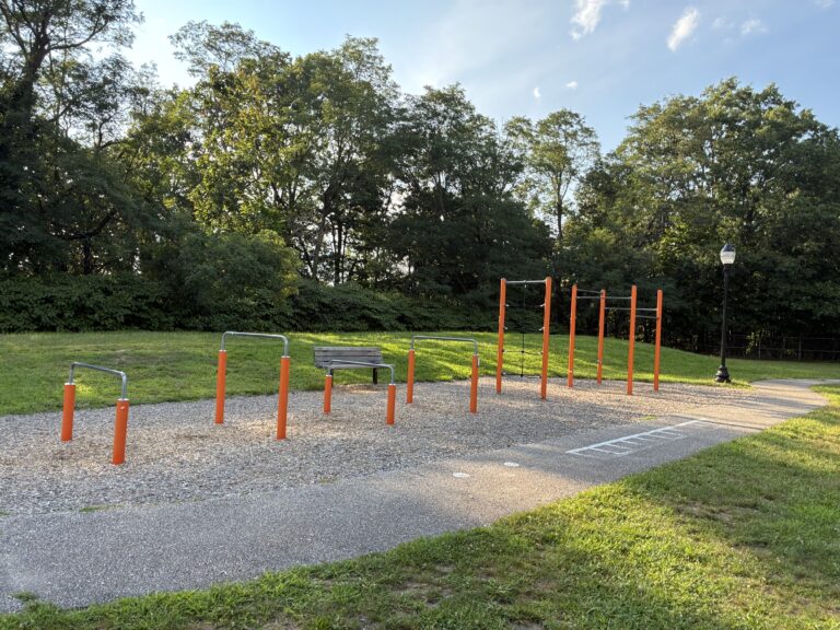 Joe Williams fitness area for ages 13 and up, located along the walking path with grass behind it