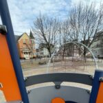 Major Park view of the rope dome climber and picnic area from atop the play structure for ages 2-5
