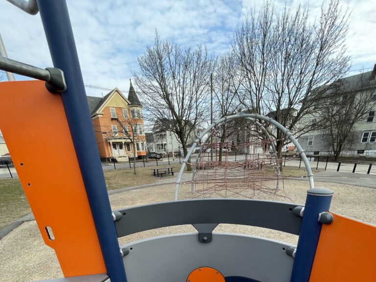 Major Park view of the rope dome climber and picnic area from atop the play structure for ages 2-5