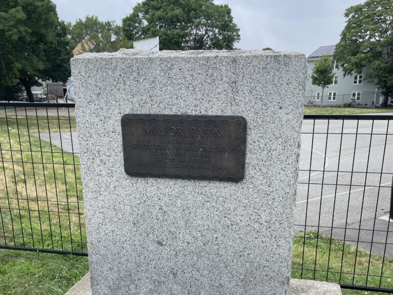 Major Park memorial marker at the corner of Wendell and Ellery Streets