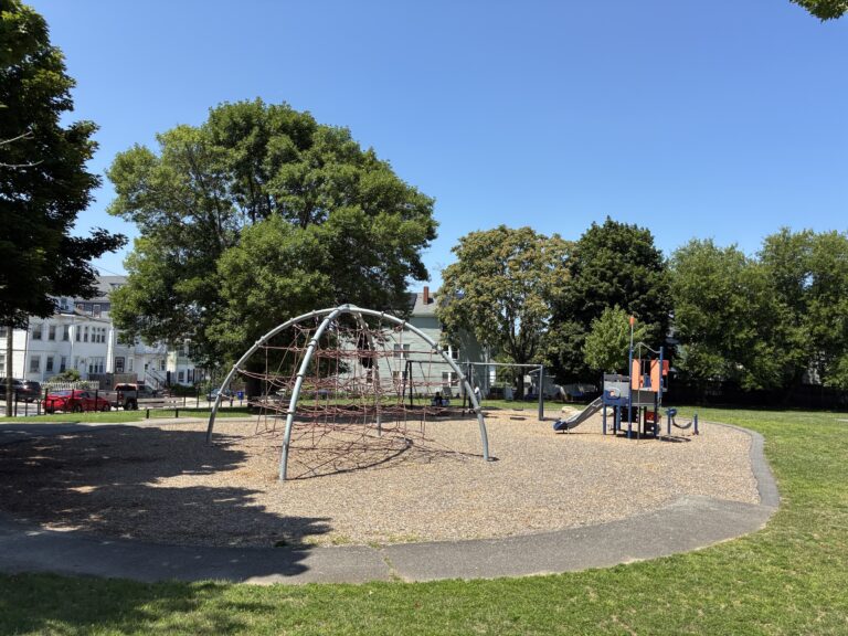 Major Park playground for ages 2-12 viewed from the berm on the Ellery St side of the park